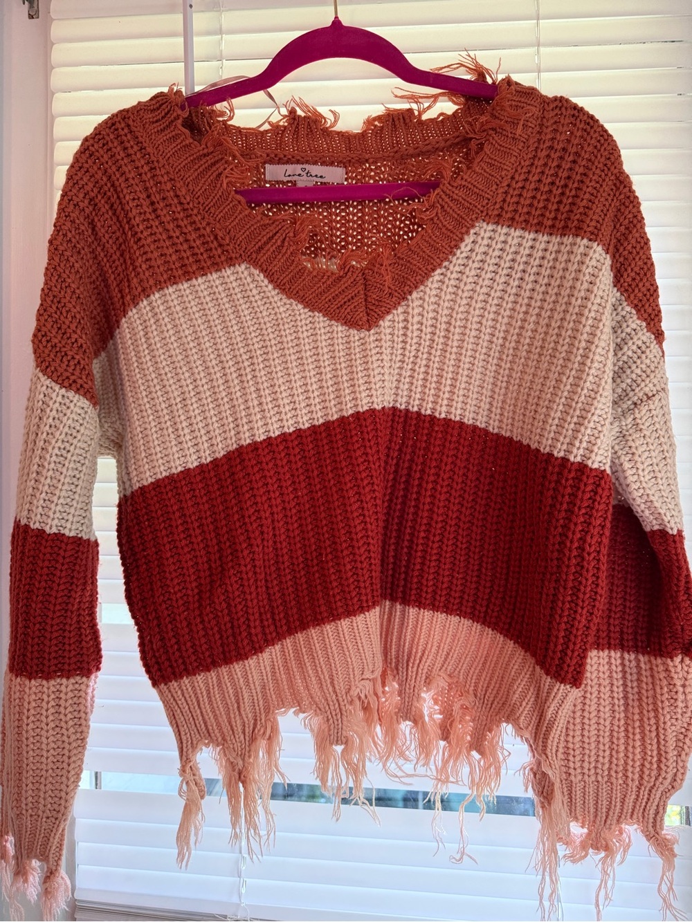 Love Tree Rust, Cream & Deep Red Distressed V-Neck Stripe Sweater
